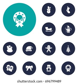 Set Of 12 Holiday Icons Set.Collection Of Cap, Fir, Cookie And Other Elements.