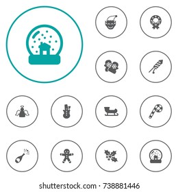 Set Of 12 Holiday Icons Set.Collection Of Ilex, Lollipop, Magic Sphere And Other Elements.