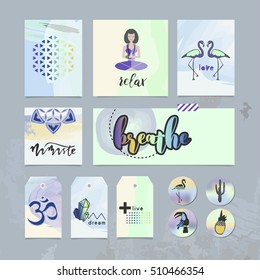 Set of 12 holographic elements. Yoga, well-being, meditation, motivation, new age, mindfulness. 80s and 90s inspired cards, banner, gift tags and stickers.