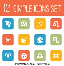 Set Of 12 Horoscope Icons Set.Collection Of Zodiac Sign, Comet, Scales And Other Elements.