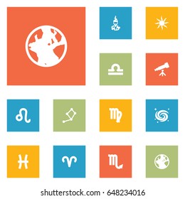 Set Of 12 Horoscope Icons Set.Collection Of Lion, Ram, Binoculars And Other Elements.
