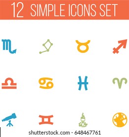 Set Of 12 Horoscope Icons Set.Collection Of Binoculars, Zodiac Sign, Fishes And Other Elements.