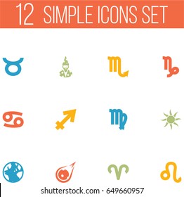 Set Of 12 Horoscope Icons Set.Collection Of Zodiac Sign, Bull, Archer And Other Elements.