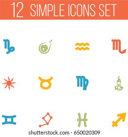 Set Of 12 Horoscope Icons Set.Collection Of Goat, Zodiac Sign, Water Bearer And Other Elements.
