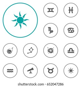 Set Of 12 Horoscope Icons Set.Collection Of Binoculars, Fishes, Water Bearer And Other Elements.