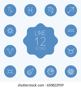 Set Of 12 Horoscope Outline Icons Set.Collection Of Virgo, Globe, Asteroid And Other Elements.