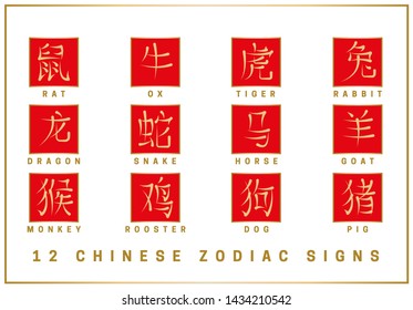 A set of 12 horoscope signs in the form of a hieroglyph with an English definition. Golden symbol in a red square on a white background. Vector illustration.