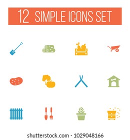 Set of 12 horticulture icons set. Collection of garden instruments, vegetable, harvest and other elements.