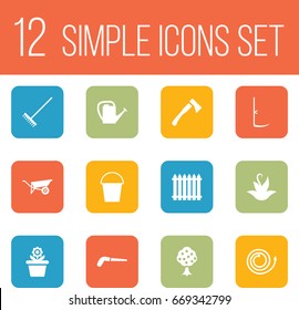 Set Of 12 Horticulture Icons Set.Collection Of Garden, Bucket, Fence And Other Elements.