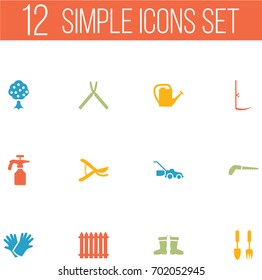 Set Of 12 Horticulture Icons Set.Collection Of Hacksaw, Watering Can, Cutter And Other Elements.