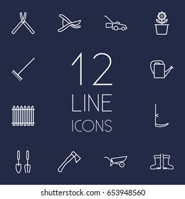 Set Of 12 Horticulture Outline Icons Set.Collection Of Shears, Palisade, Waterproof Shoes And Other Elements.