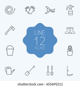 Set Of 12 Horticulture Outline Icons Set.Collection Of Secateurs, Firehose, Atomizer And Other Elements.