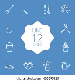 Set Of 12 Horticulture Outline Icons Set.Collection Of Scythe, Safer Of Hand , Plant Pot Elements.