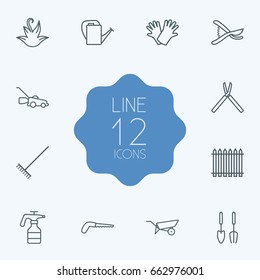 Set Of 12 Horticulture Outline Icons Set.Collection Of Grass-Cutter, Atomizer, Safer Of Hand Elements.