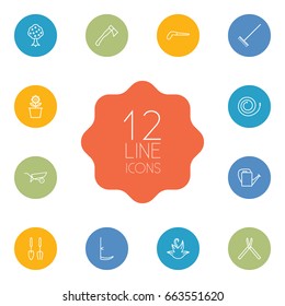 Set Of 12 Horticulture Outline Icons Set.Collection Of Herb, Firehose, Shears And Other Elements.