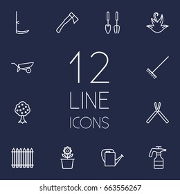 Set Of 12 Horticulture Outline Icons Set.Collection Of Atomizer, Barrow, Harrow And Other Elements.