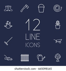 Set Of 12 Horticulture Outline Icons Set.Collection Of Barrow, Garden, Plant Pot And Other Elements.