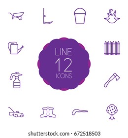 Set Of 12 Horticulture Outline Icons Set.Collection Of Arm-Cutter, Bailer, Atomizer And Other Elements.