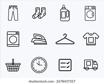 Set of 12 Household and Laundry Line Icons.