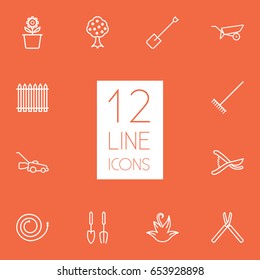 Set Of 12 Household Outline Icons Set.Collection Of Shears, Herb, Barrow And Other Elements.