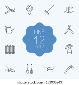 Set Of 12 Household Outline Icons Set.Collection Of Shears, Hatchet, Palisade And Other Elements.