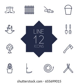 Set Of 12 Household Outline Icons Set.Collection Of Plant Pot, Palisade, Hatchet And Other Elements.