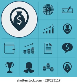 Set Of 12 Hr Icons. Can Be Used For Web, Mobile, UI And Infographic Design. Includes Elements Such As Business Woman, Pin Employee, Bank Payment And More.