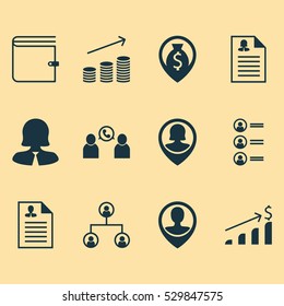 Set Of 12 Hr Icons. Can Be Used For Web, Mobile, UI And Infographic Design. Includes Elements Such As Coins Growth, Phone Conference, Female Application And More.