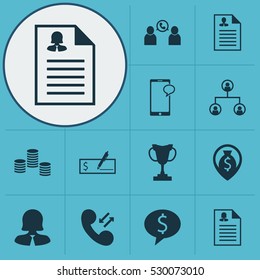 Set Of 12 Hr Icons. Can Be Used For Web, Mobile, UI And Infographic Design. Includes Elements Such As Business Woman, Business Deal, Tree Structure And More.