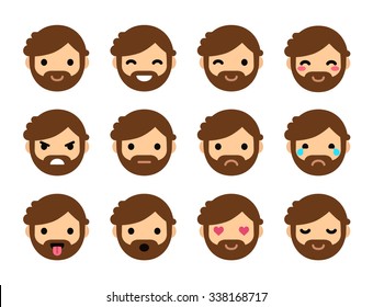 Set of 12 human emoticons. Simple and expressive cartoon male faces with beard. Modern flat vector style.