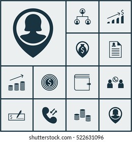 Set Of 12 Human Resources Icons. Can Be Used For Web, Mobile, UI And Infographic Design. Includes Elements Such As Bank, Cellular, Growth And More.