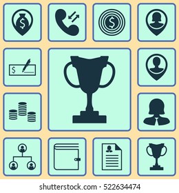 Set Of 12 Human Resources Icons. Can Be Used For Web, Mobile, UI And Infographic Design. Includes Elements Such As Prize, Trophy, Wallet And More.