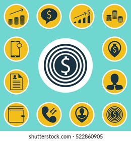 Set Of 12 Human Resources Icons. Can Be Used For Web, Mobile, UI And Infographic Design. Includes Elements Such As Mobile, Cash, Resume And More.