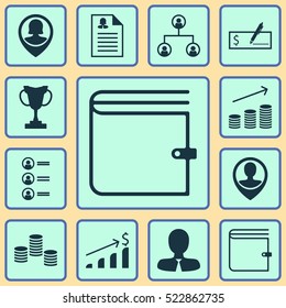 Set Of 12 Human Resources Icons. Can Be Used For Web, Mobile, UI And Infographic Design. Includes Elements Such As Dollar, Bank, Cup And More.