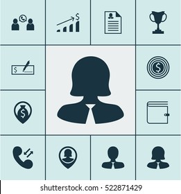 Set Of 12 Human Resources Icons. Can Be Used For Web, Mobile, UI And Infographic Design. Includes Elements Such As Female, Prize, Map And More.