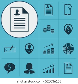 Set Of 12 Human Resources Icons. Can Be Used For Web, Mobile, UI And Infographic Design. Includes Elements Such As Dollar, Application, Stacked And More.