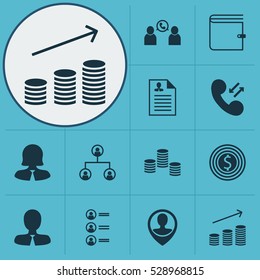 Set Of 12 Human Resources Icons. Can Be Used For Web, Mobile, UI And Infographic Design. Includes Elements Such As Business Goal, Money, Employee Location And More.