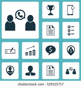 Set Of 12 Human Resources Icons. Can Be Used For Web, Mobile, UI And Infographic Design. Includes Elements Such As Phone Conference, Employee Location, Coins Growth And More.