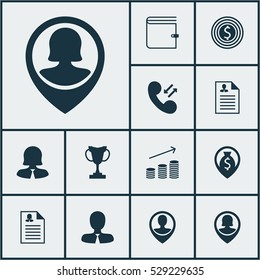 Set Of 12 Human Resources Icons. Can Be Used For Web, Mobile, UI And Infographic Design. Includes Elements Such As Curriculum Vitae, Wallet, Female Application And More.