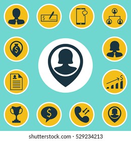 Set Of 12 Human Resources Icons. Can Be Used For Web, Mobile, UI And Infographic Design. Includes Elements Such As Messaging, Business Woman, Cellular Data And More.