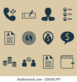 Set Of 12 Human Resources Icons. Can Be Used For Web, Mobile, UI And Infographic Design. Includes Elements Such As Money, Cellular Data, Female Application And More.