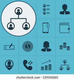Set Of 12 Human Resources Icons. Can Be Used For Web, Mobile, UI And Infographic Design. Includes Elements Such As Cellular Data, Pin Employee, Tree Structure And More.