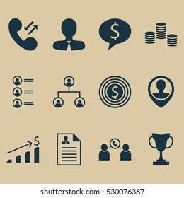 Set Of 12 Human Resources Icons. Can Be Used For Web, Mobile, UI And Infographic Design. Includes Elements Such As Successful Investment, Phone Conference, Business Goal And More.