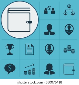 Set Of 12 Human Resources Icons. Can Be Used For Web, Mobile, UI And Infographic Design. Includes Elements Such As Wallet, Business Deal, Coins Growth And More.