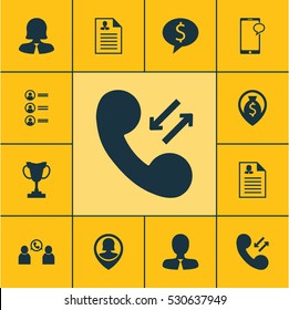 Set Of 12 Human Resources Icons. Can Be Used For Web, Mobile, UI And Infographic Design. Includes Elements Such As Cellular Data, Phone Conference, Money Navigation And More.