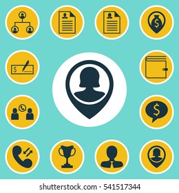 Set Of 12 Human Resources Icons. Includes Cellular Data, Pin Employee, Money Navigation And Other Symbols. Beautiful Design Elements.