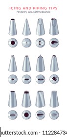 Set of 12 icing nozzles. Top view and front view. Most popular cake decorating tips. Vector illustration. Guide for for professionals and home bakers.