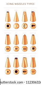 Set of 12 icing nozzles. Top view and front view. Most popular cake decorating tips. Vector illustration. Guide for for professionals and home bakers.