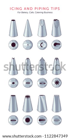Set of 12 icing nozzles. Top view and front view. Most popular cake decorating tips. Vector illustration. Guide for for professionals and home bakers.