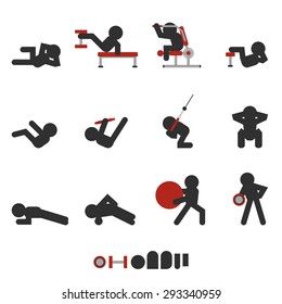 set of 12 icon weight training for abdominal only character silhouetted